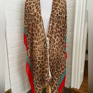 Never Worn Leopard Print Long Kimono Swim Beach Cover-Up Red And Green Accents